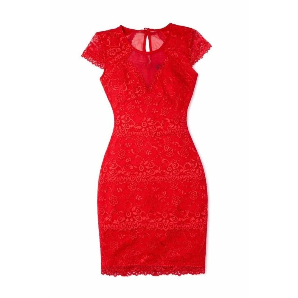 NWT Bebe Glam Red Lace Bodycon Dress XS Petite Sheer Mesh Date Night Cocktail